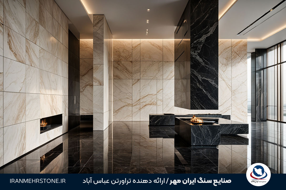 ترکیب سنگ تراورتن عباس آباد و گرانیت مشکی